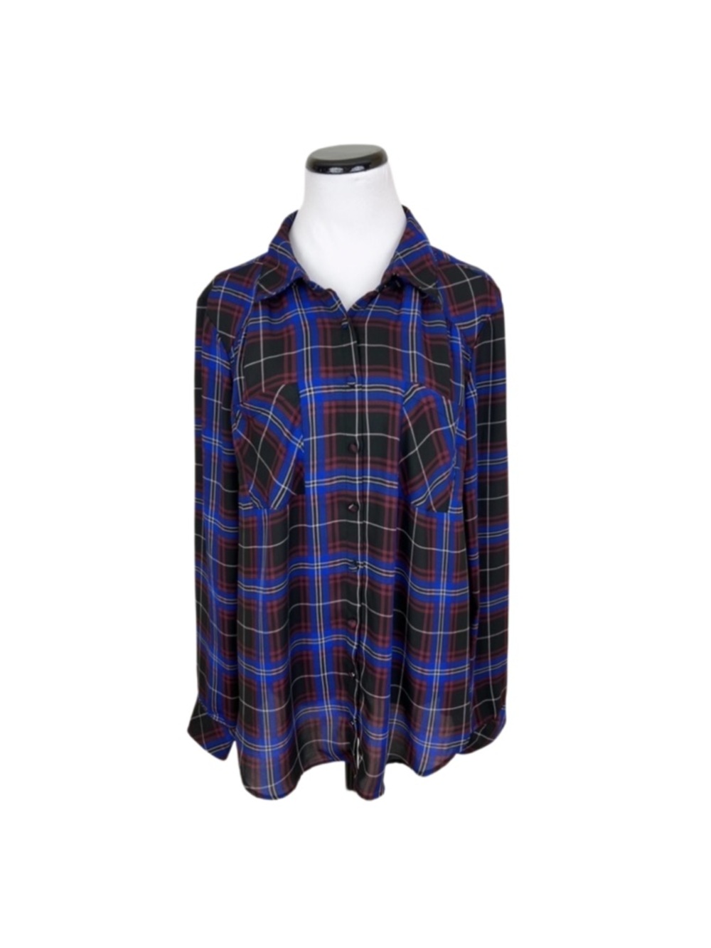 Torrid Plaid Button Front Long Sleeve Shirt Blue Black Burgundy Size 1